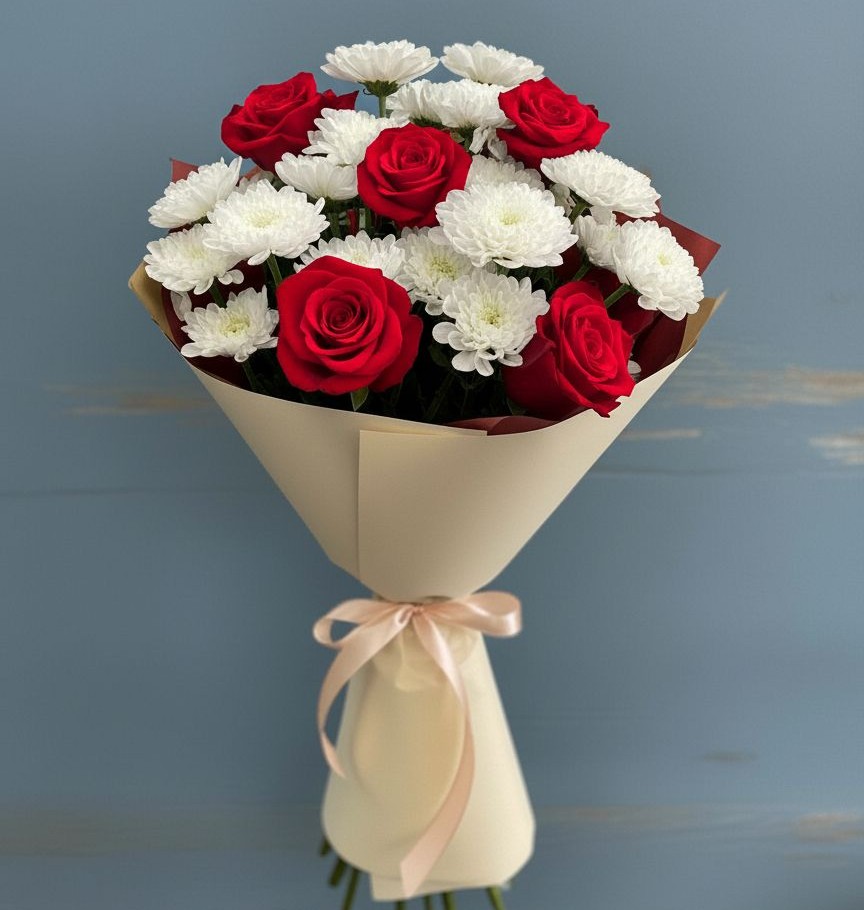 Букет цветов из: Розы и Хризантемы в Новоселье Ленинградская область