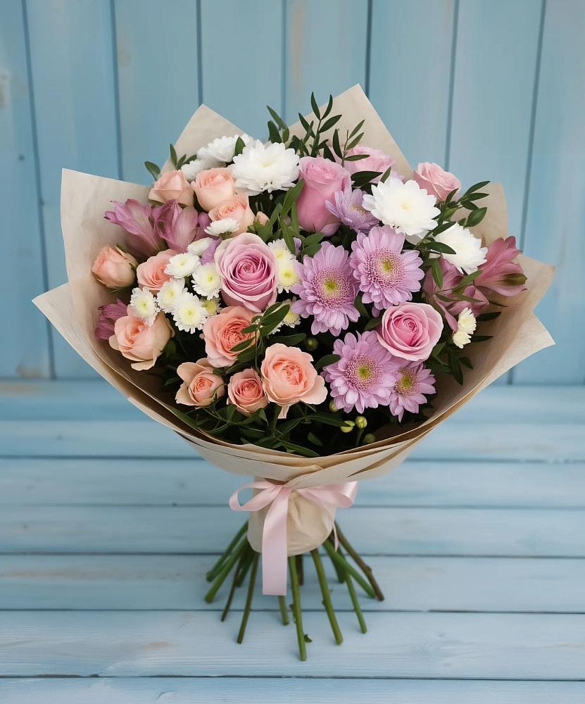 Букет цветов из: Хризантемы, Розы и Альстромерии в Новоселье Ленинградская область