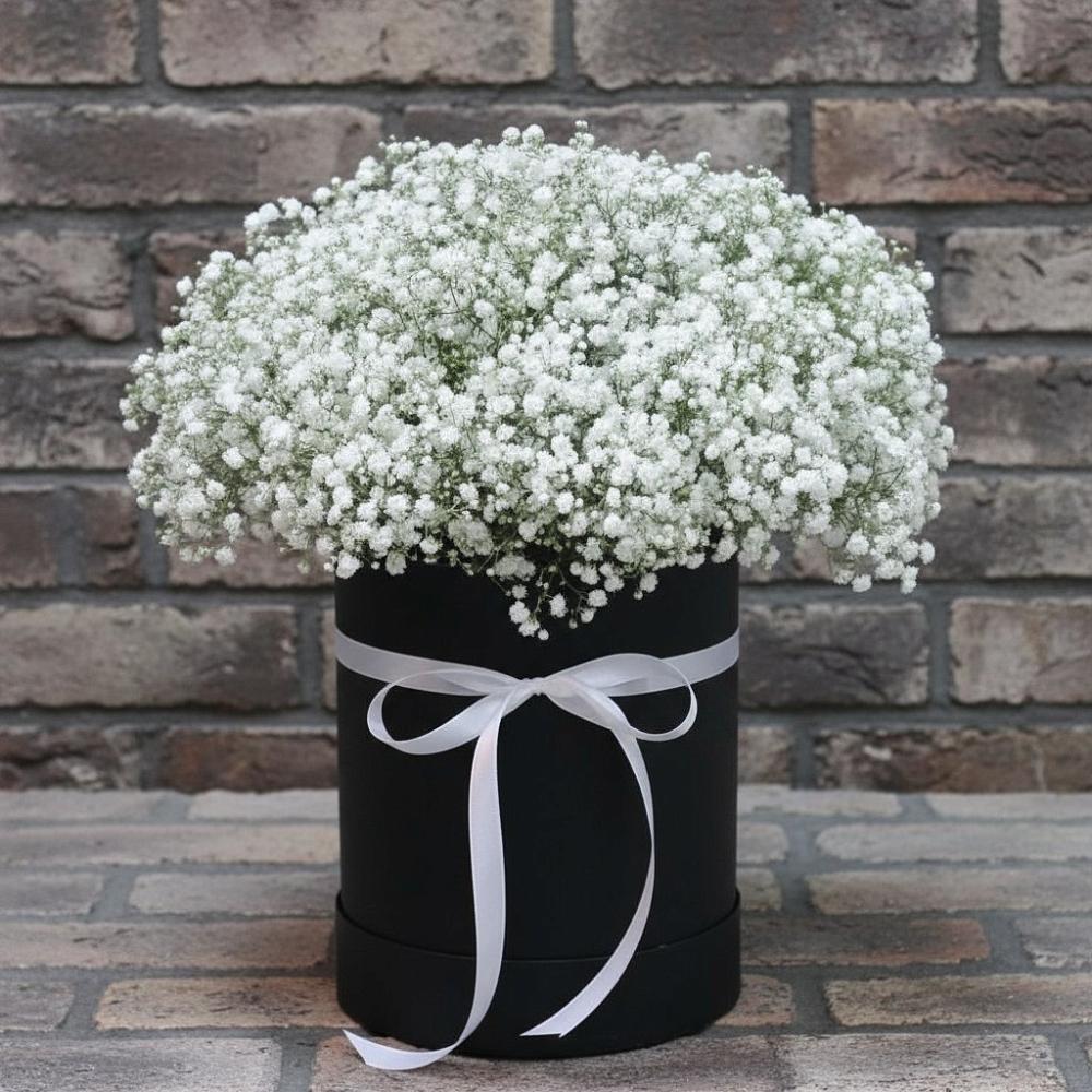 Цветочная композиция из Гипсофила в шляпной коробке в Новоселье Ленинградская область