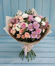 Букет цветов из:  Хризантемы, Розы и Альстромерии в Новоселье Ленинградская область