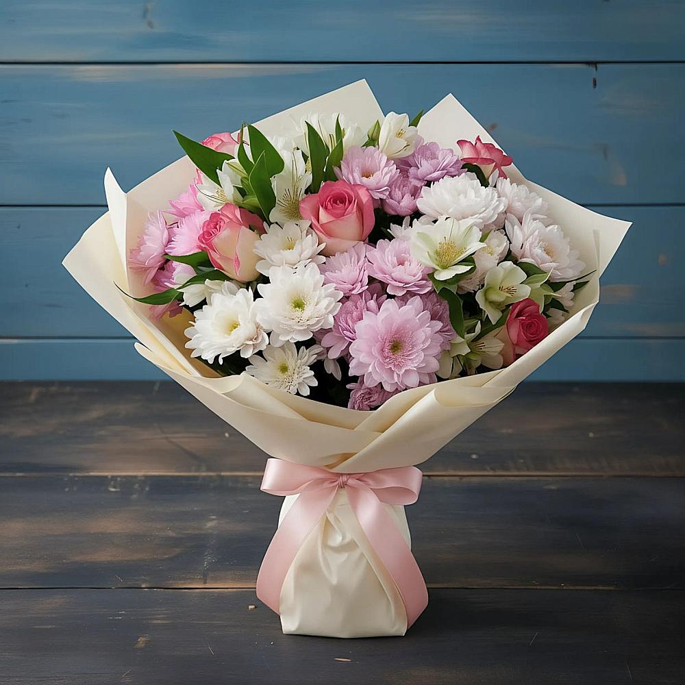 Букет цветов из: Хризантемы, Альстромерии и Розы в Новоселье Ленинградская область